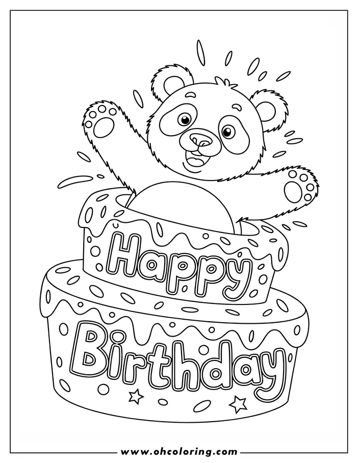 Line art of a playful panda popping out of a birthday cake decorated with icing and sprinkles.