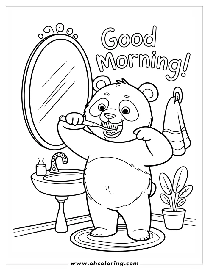 Line art of a panda bear brushing its teeth in a bathroom. There's a mirror, a sink, a towel, and a plant.