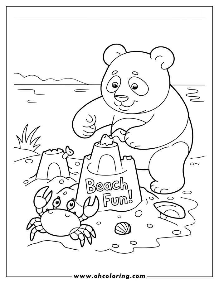 Outline of a panda bear building a sandcastle on a beach. A small crab and seashells are nearby.