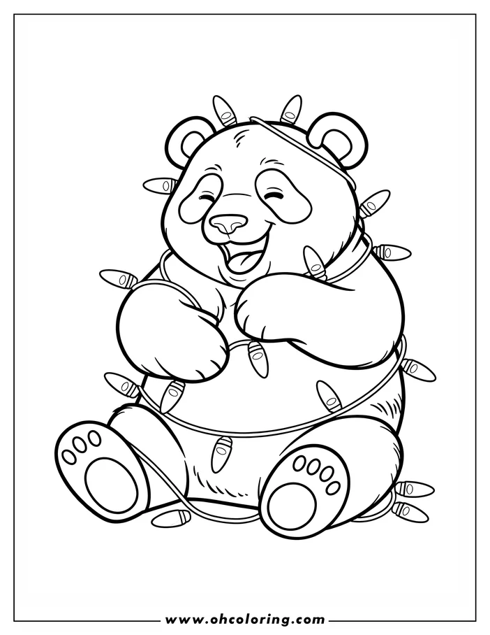 Outline of a panda wrapped in Christmas lights, smiling cheerfully.