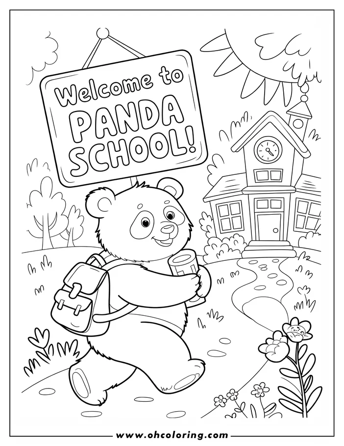 Line art of a panda walking to school carrying a diploma and wearing a backpack with a schoolhouse in the background.