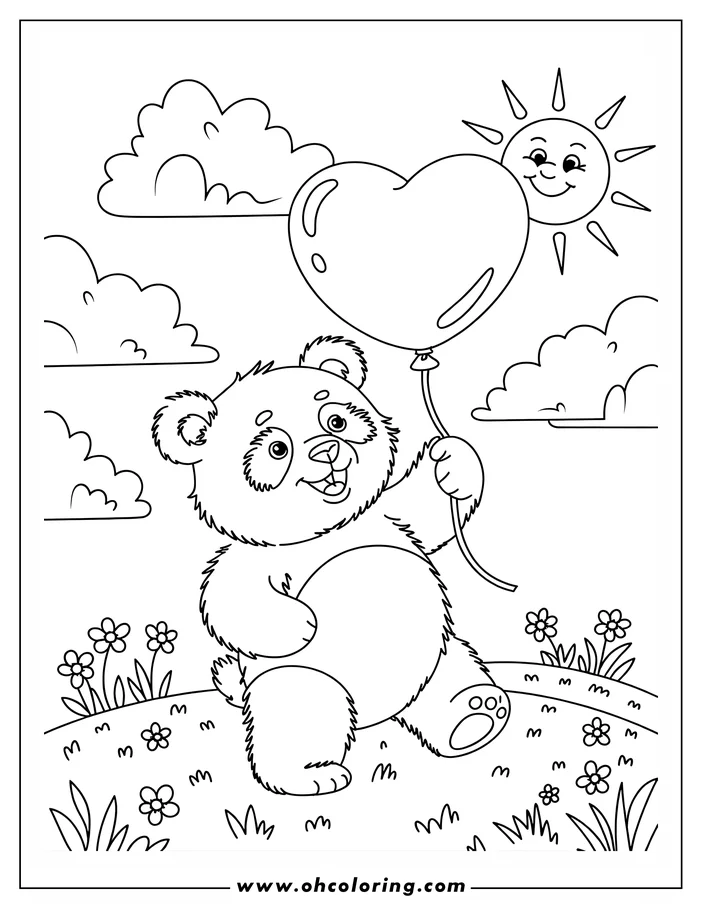 Outline of a happy panda holding a heart-shaped balloon, walking in a field of flowers under a smiling sun.