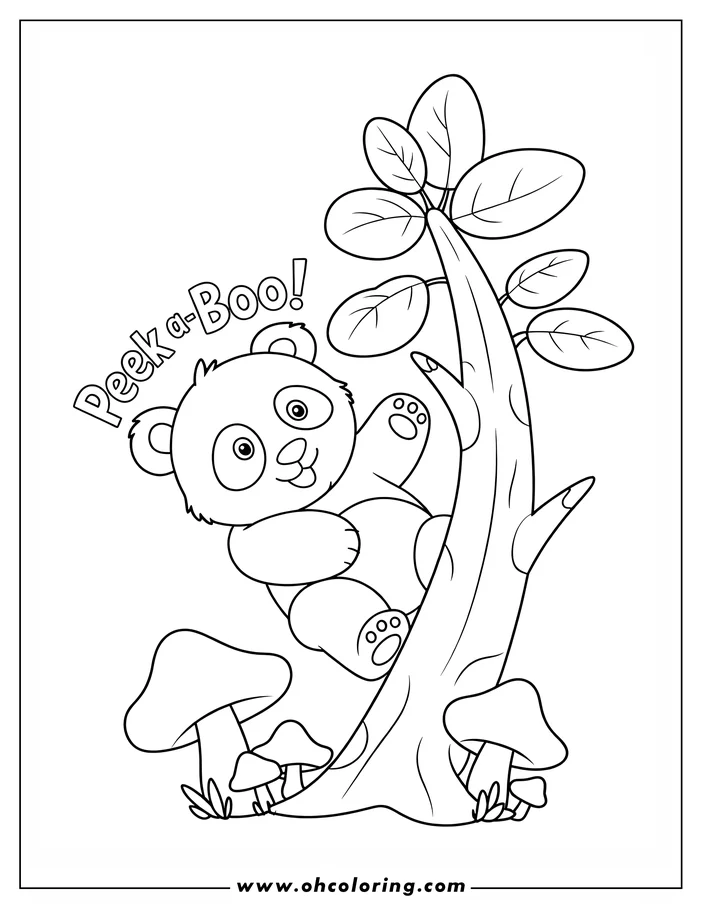 Outline of a cute panda bear hanging from a tree with mushrooms growing at the base. The panda is looking out from behind the tree and says 'Peek-a-Boo!'