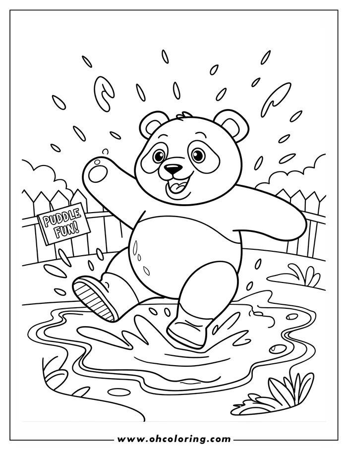 Line art of a panda wearing rain boots and joyfully jumping in puddles near a fence with a 'Puddle Fun' sign.