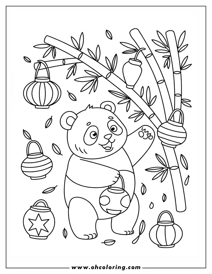 Outline of a panda holding a lantern, with several other lanterns hanging from bamboo stalks.