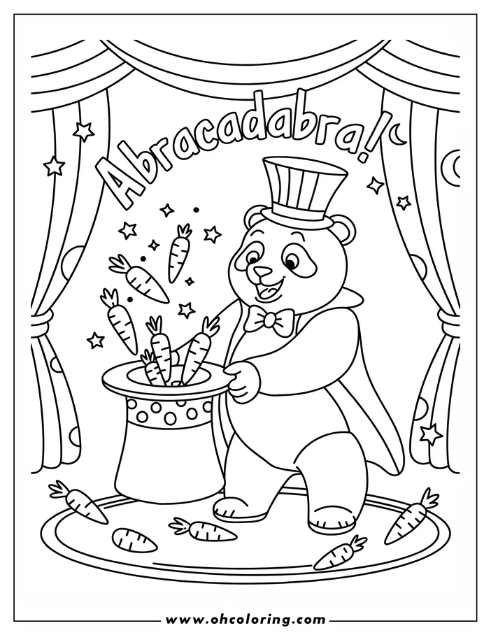 Line art of a panda magician performing a magic trick, pulling carrots from a top hat on a stage.