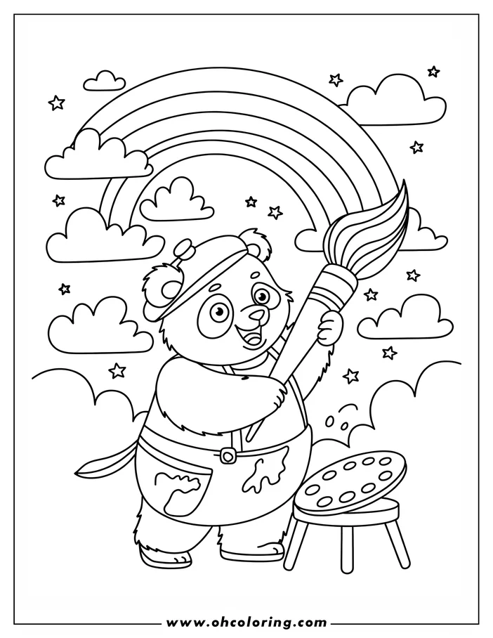 Line art of a panda bear painting a rainbow with a large brush. The panda is wearing a beret and overalls and has a palette on a stool next to it.