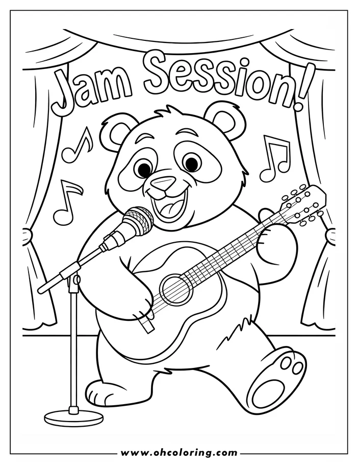 Outline of a cartoon panda playing guitar and singing into a microphone on a stage with "Jam Session!" written in the background.