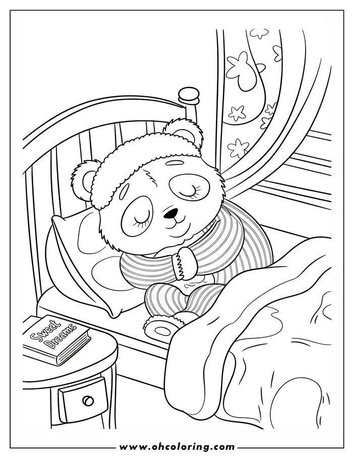 Outline of a panda sleeping in bed with a nightcap. A book titled "Sweet Dreams" is on the nightstand.