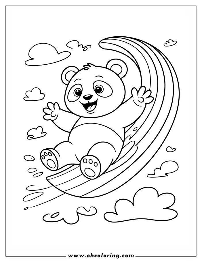 Line art of a panda cub sliding down a rainbow with clouds in the sky.