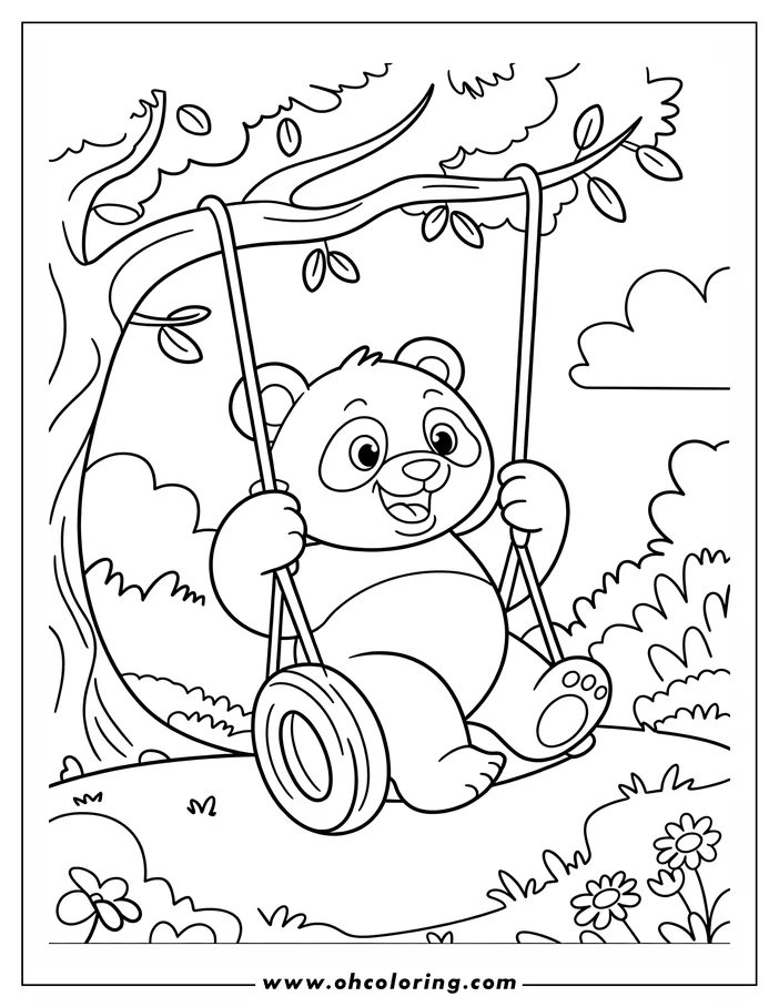 Line art of a panda swinging on a tire swing hanging from a tree branch in a garden.