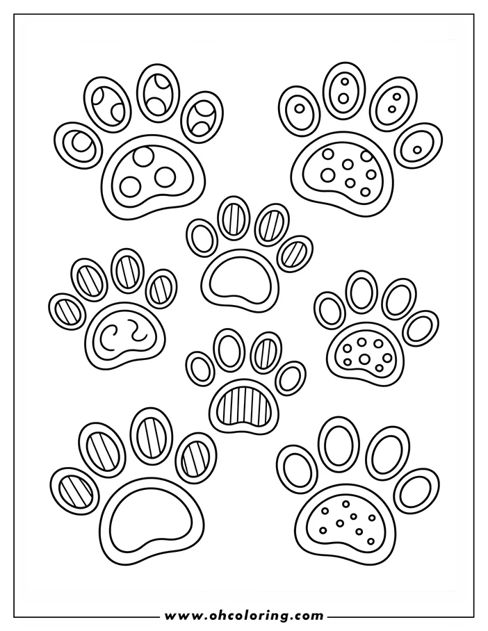 Line art of eight dog paw prints with various patterns within each print.