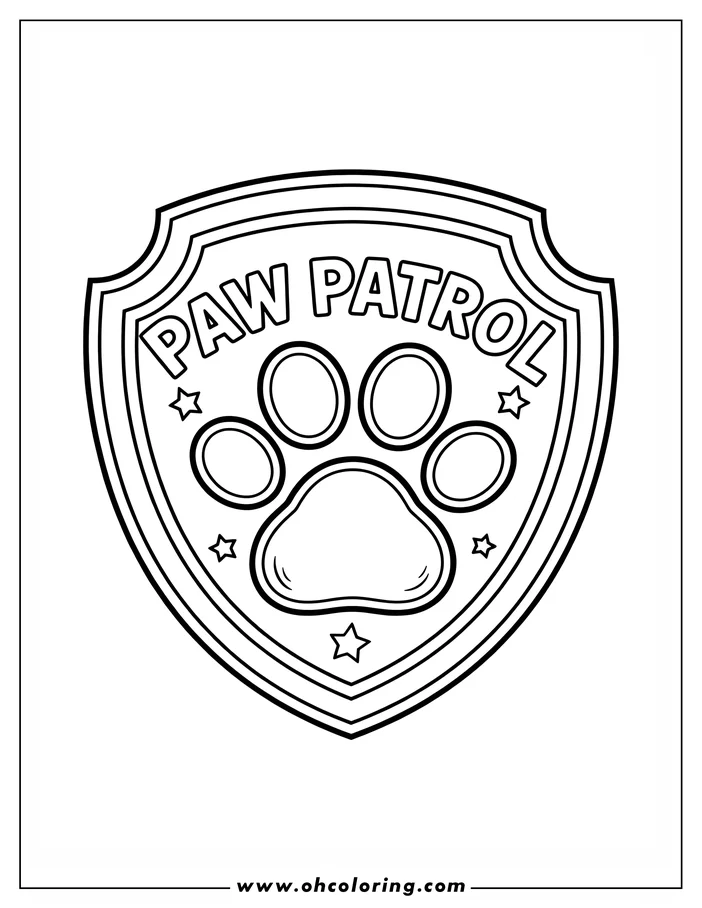Line art of the Paw Patrol badge, featuring a paw print and stars within a shield shape.