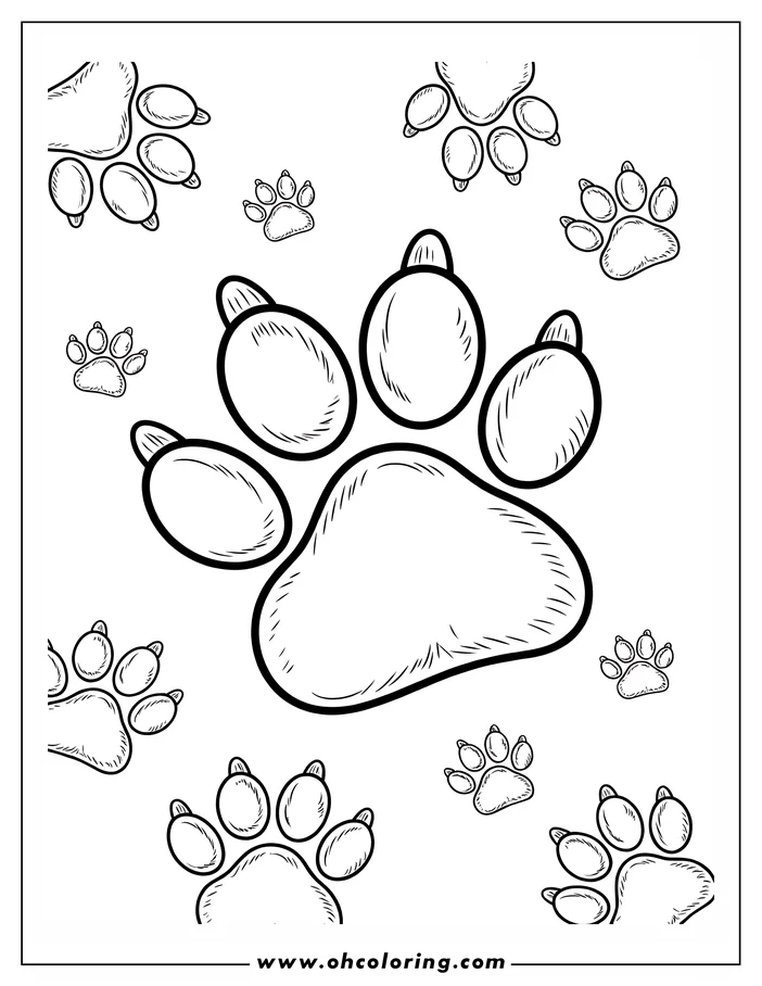 Simple outline drawing of a large paw print with several smaller paw prints surrounding it.