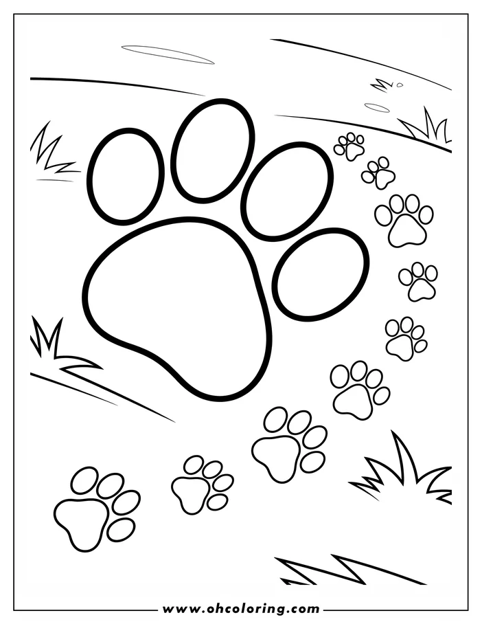 Outline of multiple paw prints of varying sizes, possibly left by a dog walking, with stylized grass elements in the background.
