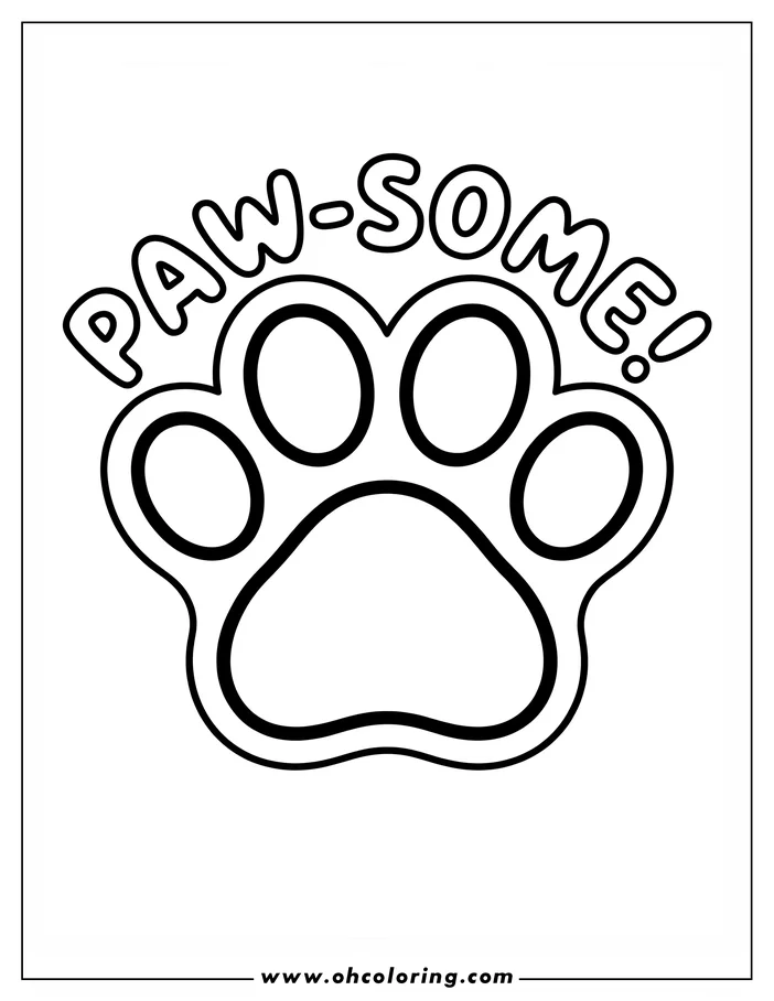 A simple, bold outline of a paw print with the word "Paw-some!" written above it.