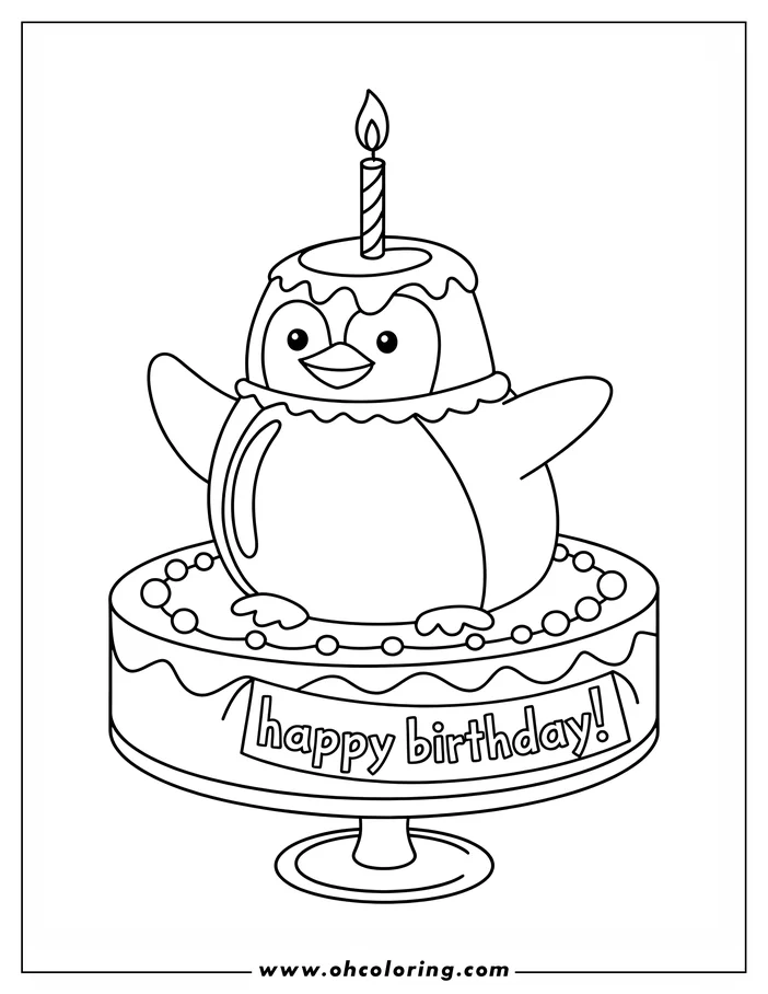 Line art of a penguin birthday cake with a lit candle and a "Happy Birthday!" banner.