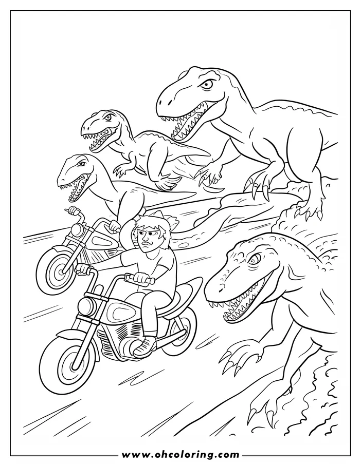Outline of a person riding a motorcycle away from three pursuing dinosaurs.