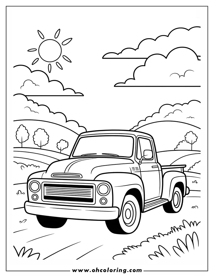 Outline of a vintage-style pickup truck driving through a sunny countryside setting.  The scene includes rolling hills, a few trees, and a bright sun with fluffy clouds
