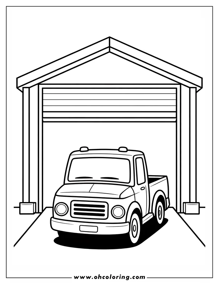 Outline of a pickup truck parked inside a garage with the door closed.