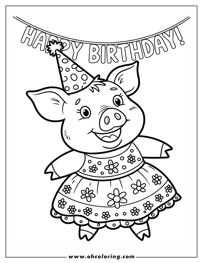 Line art of a smiling pig wearing a party hat and a floral birthday dress, positioned beneath a 'Happy Birthday!' banner