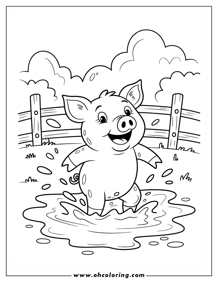 Outline of a cheerful pig playing in a mud puddle near a fence.