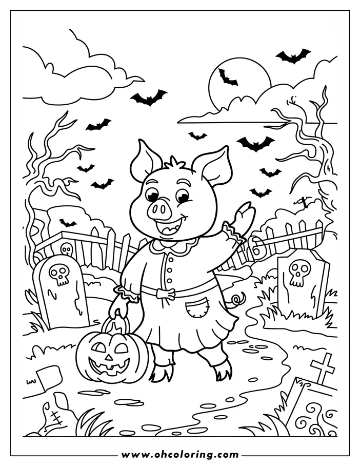 Line art of a pig in a Halloween costume trick-or-treating in a graveyard, carrying a jack-o'-lantern. Bats fly overhead, and a zombie hand emerges from the ground.