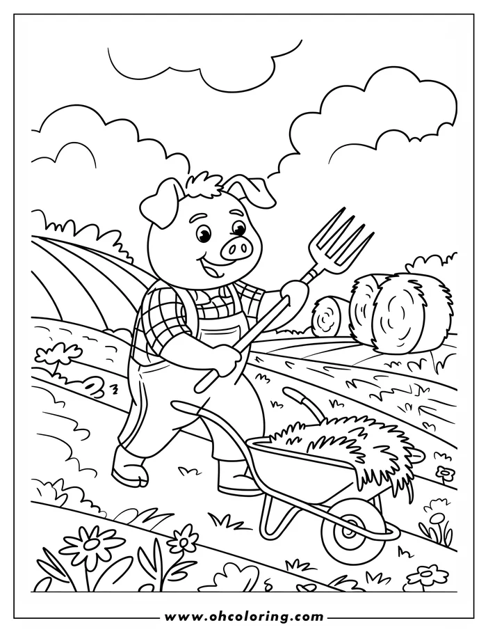 Line drawing of a pig wearing overalls and a plaid shirt pushing a wheelbarrow full of hay across a farm field.  Bales of hay rest in the background near wildflowers.