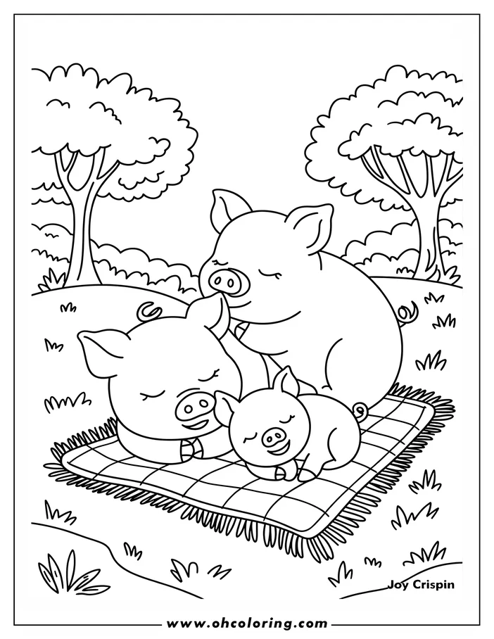 Two adult pigs and a piglet sleep soundly on a blanket, surrounded by grassy patches and trees.