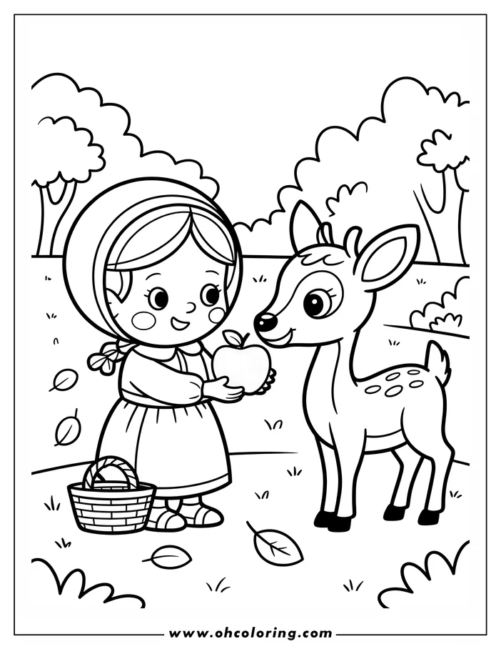 Line art of a pilgrim girl offering an apple to a spotted deer, with a basket by her feet and trees in the background, suggesting a Thanksgiving theme.