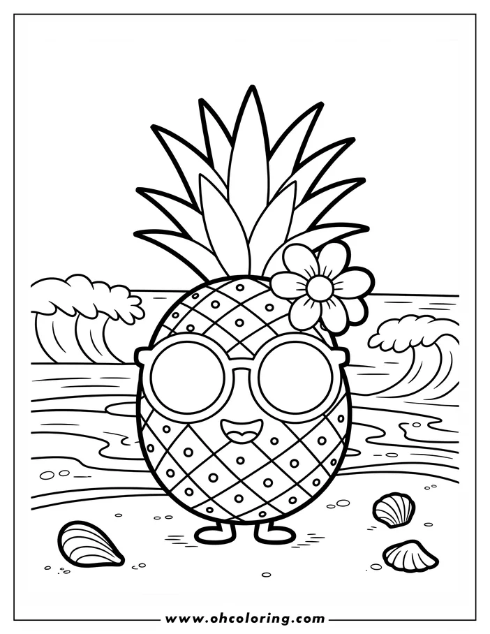 Line art of a pineapple wearing sunglasses and a flower on a beach with ocean waves and seashells.