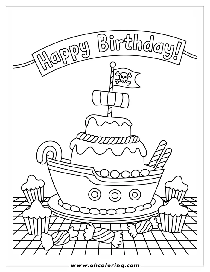 Outline of a pirate ship birthday cake with cupcakes and candies