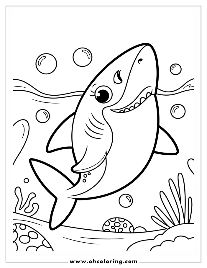 Line art of a playful shark blowing bubbles while swimming in the ocean. It has friendly eyes, a cheerful smile, and striped markings on its back. Seaweed and coral are visible in the background.