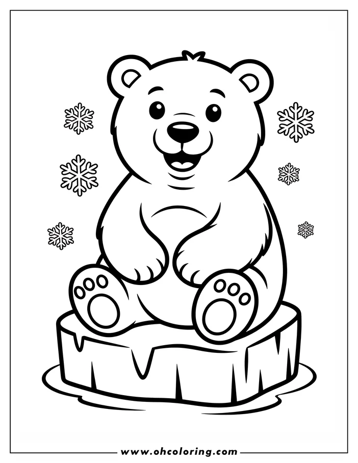 Outline of a cartoon polar bear sitting on an ice floe with snowflakes in the background.