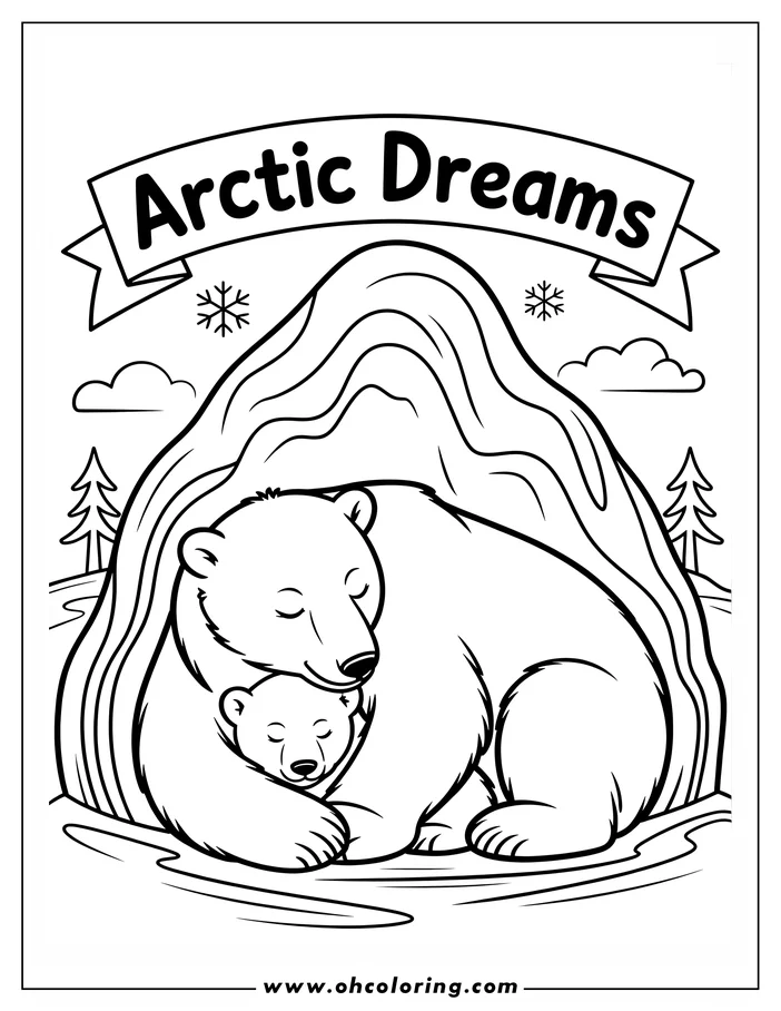 Line art of a mother polar bear and her cub sleeping in their den. The bears are nestled together, creating a cozy and heartwarming scene.