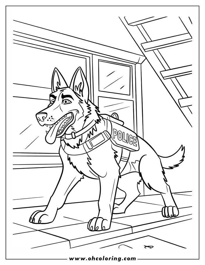 A German Shepherd police dog in a vest, standing on a step near a stairway and railing.