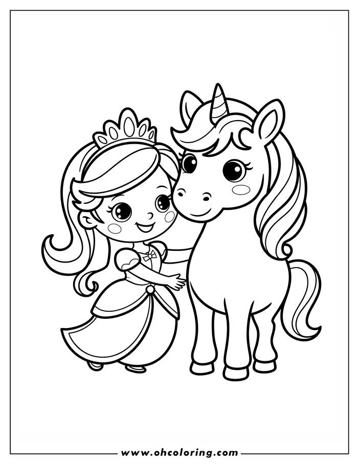 Outline of a princess with a tiara hugging a unicorn with a flowing mane