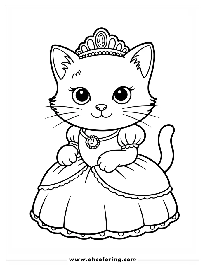 Line drawing of a cat dressed as a princess. She's wearing a tiara and a ballgown.