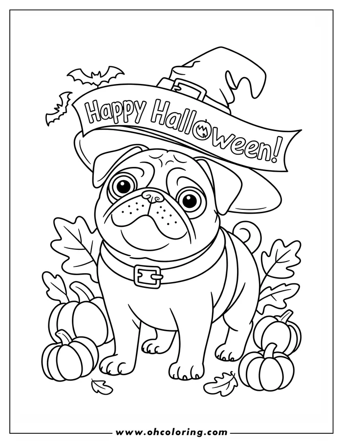Pug wearing a witch's hat with Happy Halloween banner, surrounded by pumpkins and leaves.