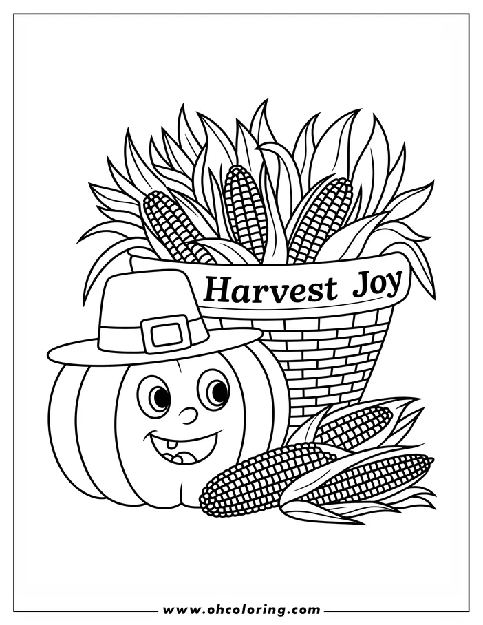 Line art of a pumpkin wearing a pilgrim's hat with a basket of corn, ready for Thanksgiving coloring.