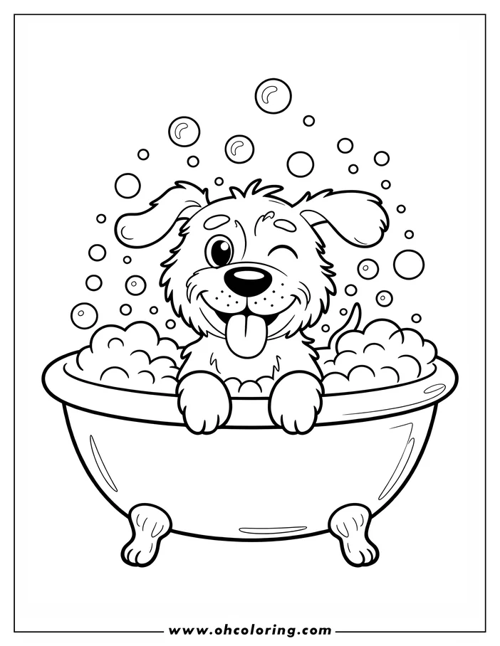 A happy puppy winking and enjoying a bubble bath in a clawfoot tub.