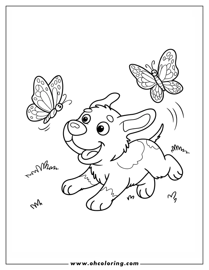 Line art of a playful puppy running after two butterflies in the grass.