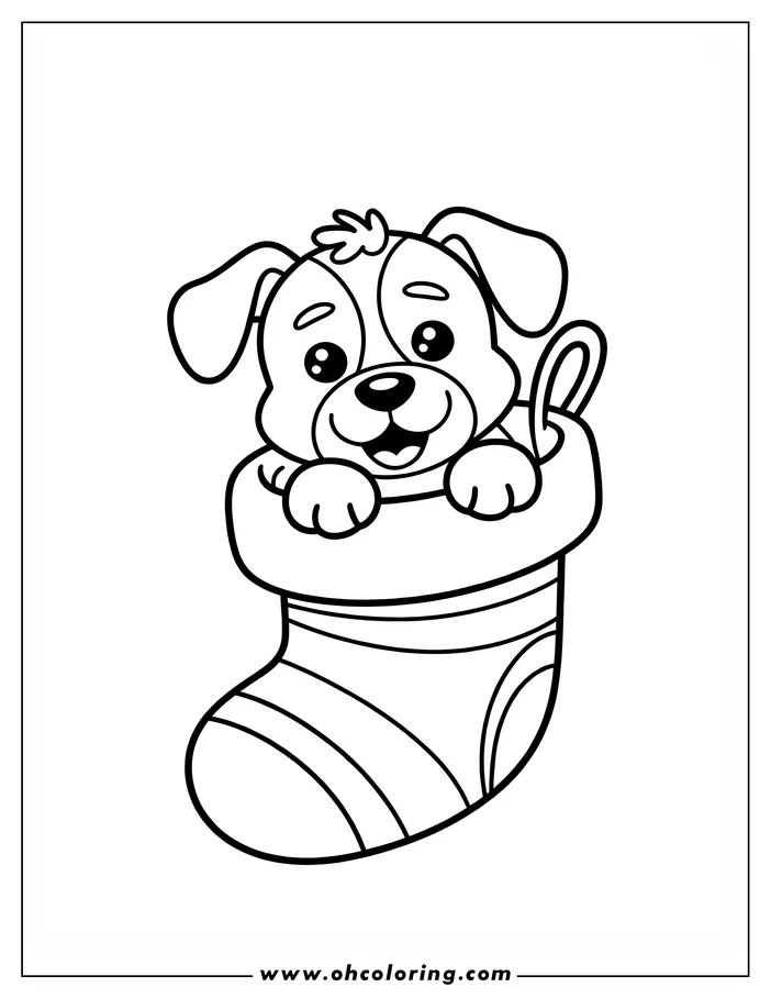 Outline of a happy puppy sitting inside a striped Christmas stocking.