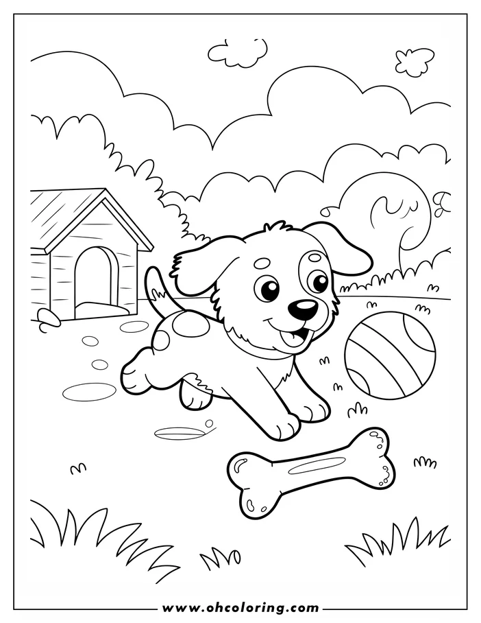 Playful spotted puppy running in a yard with a doghouse, ball, and bone toy.