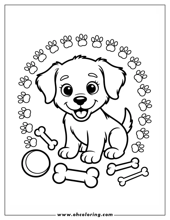 Line art of a happy puppy sitting with a ball and bones, surrounded by paw prints.