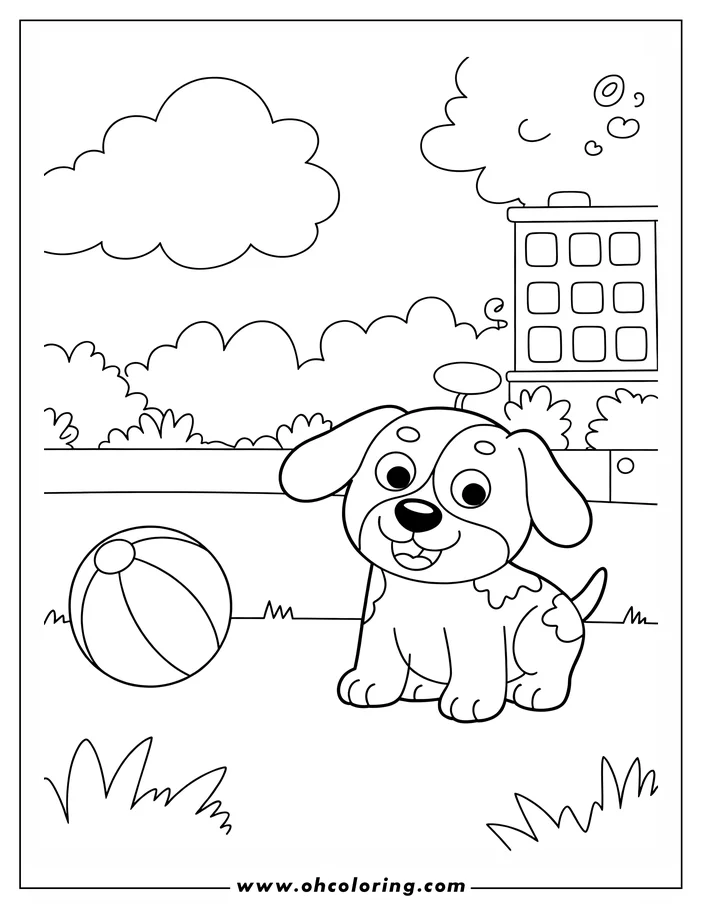 Outline of a happy spotted puppy sitting near a beach ball, ready to play