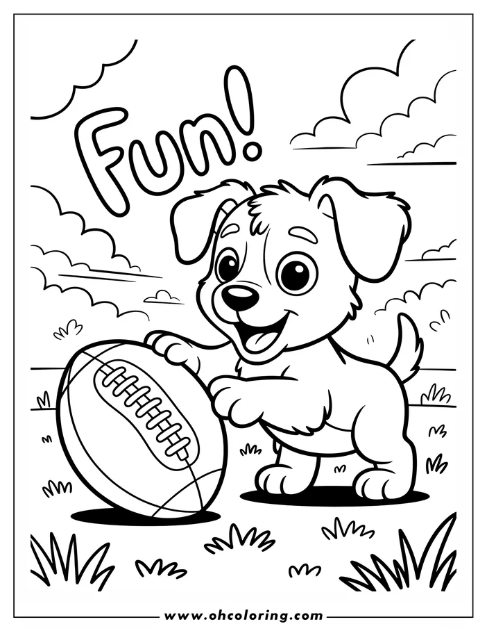 Line art of a playful puppy with a football in a grassy field.