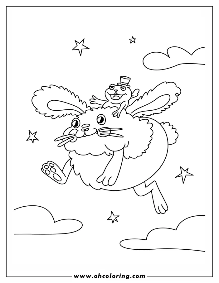 Line art of a fluffy rabbit flying among stars and clouds with a small frog in a top hat on its back