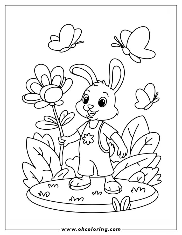Cartoon rabbit holding a large flower, with butterflies flying around it.