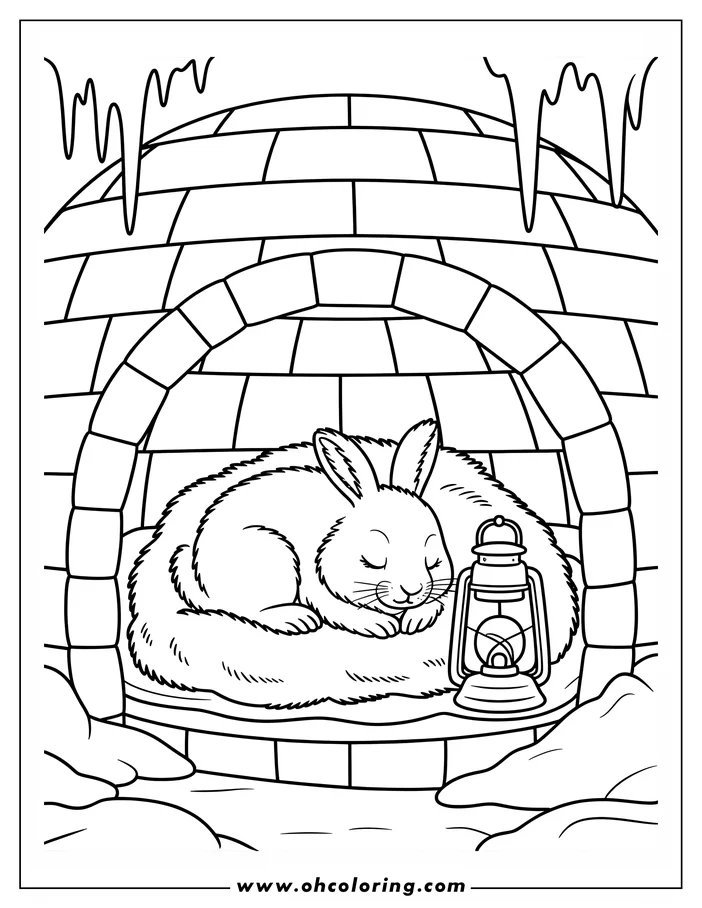 Line art of a rabbit sleeping peacefully inside an igloo.  A lantern sits beside the sleeping rabbit. Icicles hang from the igloo's entrance, and a bed of fur is beneath the rabbit. This winter-themed image is a coloring page design.